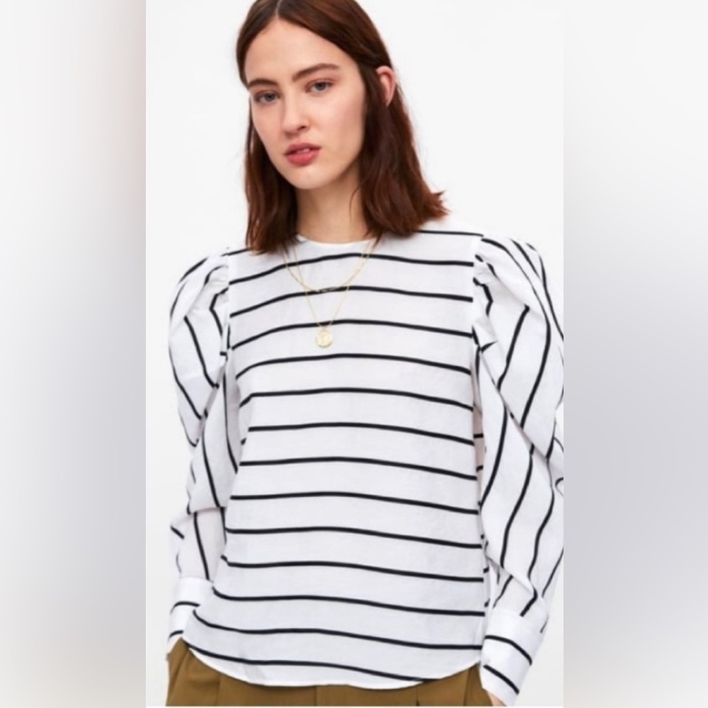 Nwt Zara Black White Stripe Long Puff Sleeve Top SZ S